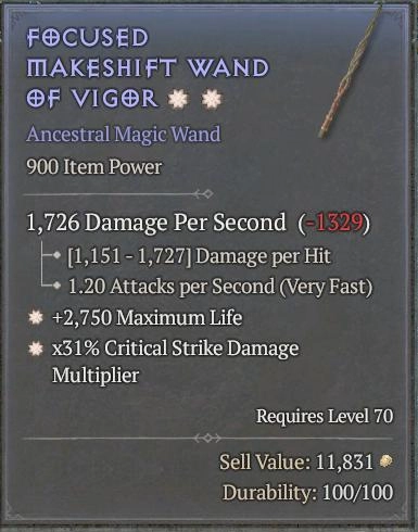BUY FOCUSED MAKESHIFT WAND OF VIGOR 511-2S#31870-Diablo 4 Items
