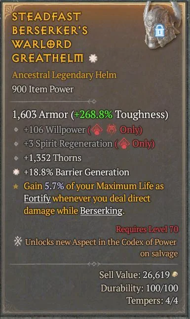 BUY STEADFAST BERSERKER'S WARLORD GREATHELIM 4S#3312-Diablo 4 Items