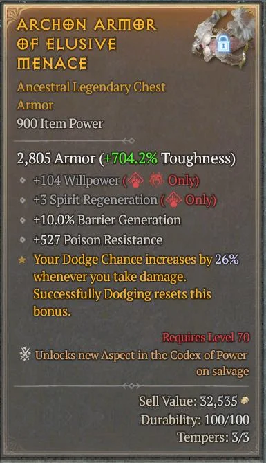 BUY ARCHON ARMOR OF ELUSIVE MENACE 4S#3312-Diablo 4 Items
