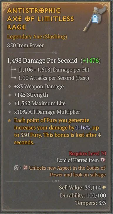 BUY ANTISTROPHIC AXE OF LIMITLESS RAGE 5S#3312-Diablo 4 Items