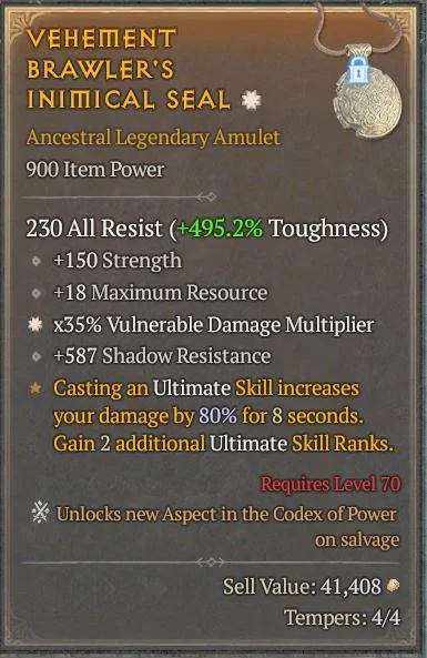 BUY VEHEMENT BRAWLER'S INIMICAL SEAL 6S#3312-Diablo 4 Items