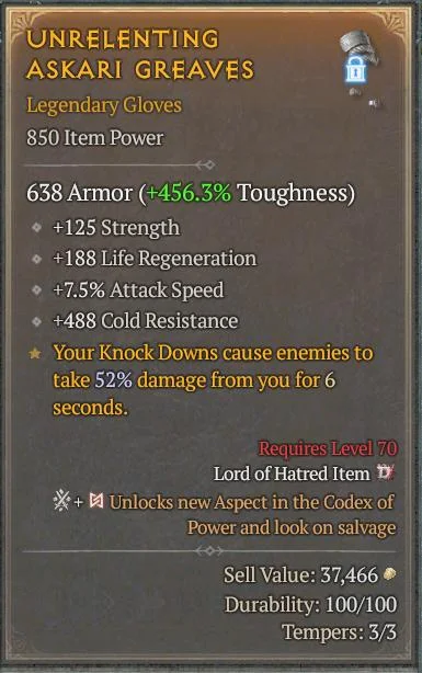 BUY UNRELENTING ASKARI GREAVES 6S#3312-Diablo 4 Items