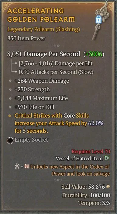 BUY ACCELERATING GOLDEN POLEARM 7S#3312-Diablo 4 Items