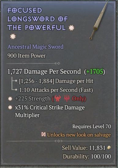 BUY FOCUSED LONGSWORD OF THE POWERFUL 4S#33948-Diablo 4 Items