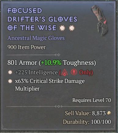 BUY FOCUSED DRIFTER'S GLOVES OF THE WISE 5S-0#33948-Diablo 4 Items