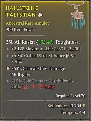 BUY HAILSTONE TALISMAN 56-4S#3938-Diablo 4 Items