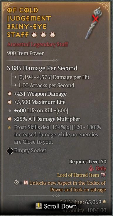 BUY OF COLD JUDGEMENT BRINY-EYE STAFF 56-5S#3938-Diablo 4 Items