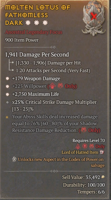 BUY MOLTEN LOTUS OF FATHOMLESS DARK 57-6S#3938-Diablo 4 Items