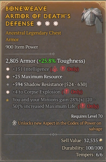 BUY BONEWEAVE ARMOR OF DEATH'S DEFENSE 57-7S#3938-Diablo 4 Items