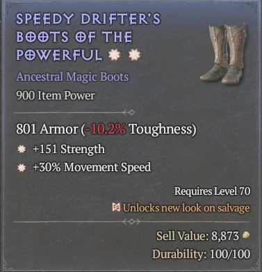BUY SPEEDY DRIFTER'S BOOTS OF THE POWERFUL 57-7S#3938-Diablo 4 Items
