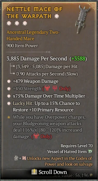BUY NETTLE MACE OF THE WARPATH 1S#31582-Diablo 4 Items