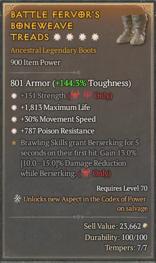 BUY BATTLE FERVOR'S BONEWEAVE TREADS 2S#31582-Diablo 4 Items