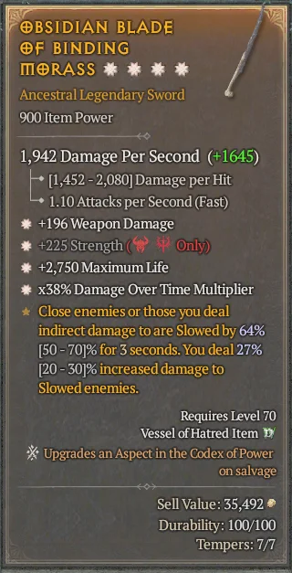 BUY OBSIDIAN BLADE OF BINDING MORASS 3S#31582-Diablo 4 Items