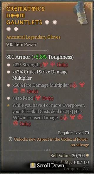 BUY CREMATOR'S DOOM GAUNTLETS 6S#31582-Diablo 4 Items