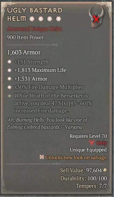 BUY UGLY BASTARD HELM 5S#3640-Diablo 4 Items