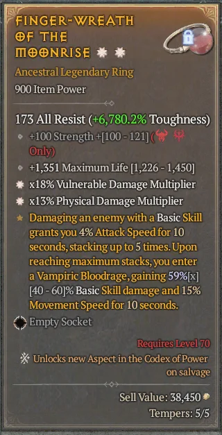 BUY FINGER-WREATH OF THE MOONRISE 5S#3938-Diablo 4 Items