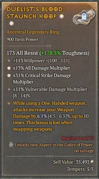BUY DUELIST'S BLOOD-STAUNCH HOOP 7S#3938-Diablo 4 Items