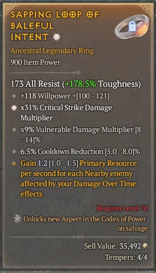 BUY SAPPING LOOP OF BALEFUL INTENT 7S#3938-Diablo 4 Items