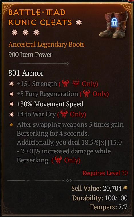 BUY BATTLE-MAD RUNIC CLEATS #0918-Diablo 4 Items