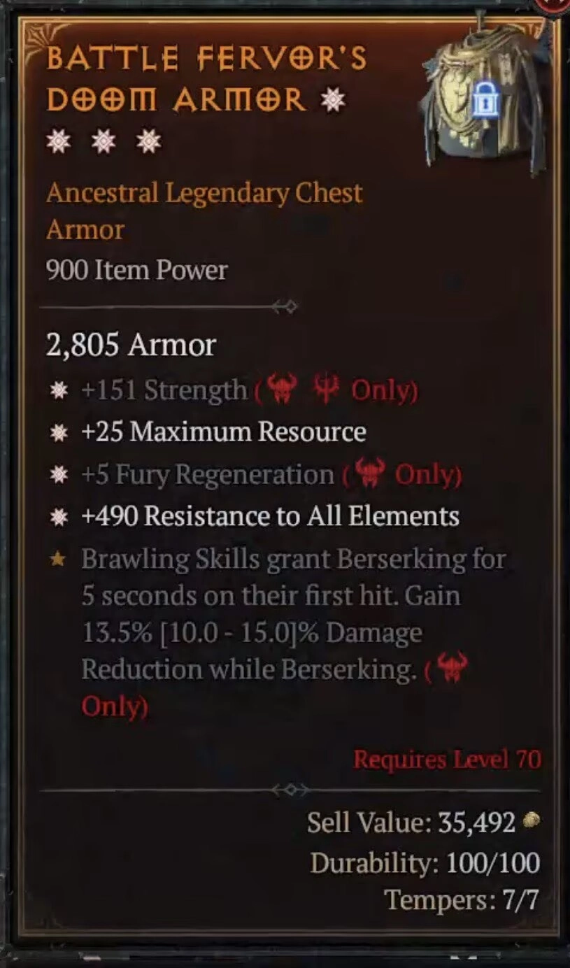 BUY BATTLE FERVOR'S DOOM ARMOR 0921S#goods-Diablo 4 Items