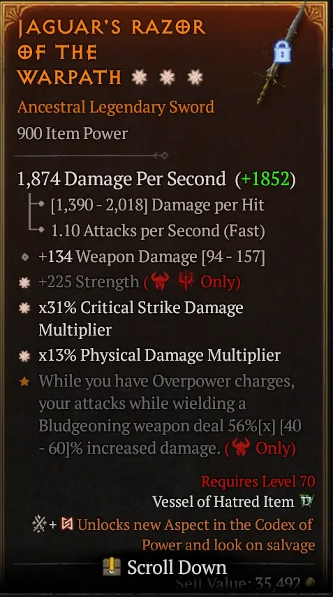 BUY AGUAR'S RAZOR OF THE WARPATH 0921S#goods-Diablo 4 Items